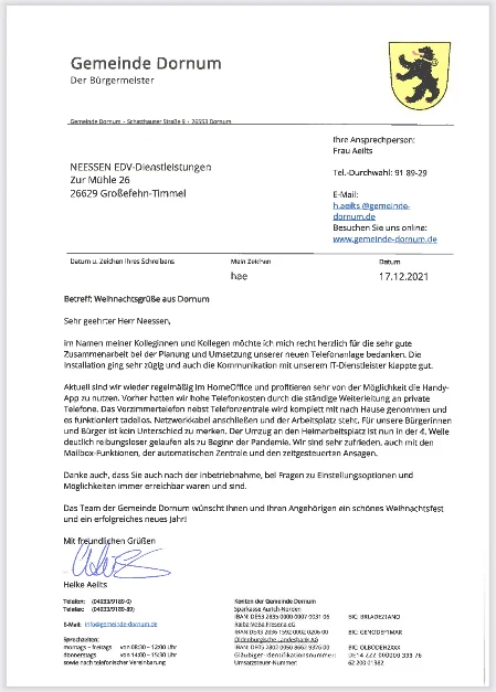 Referenzschreiben Gemeinde Dornum