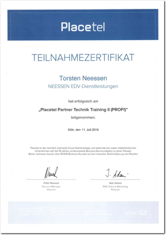 Placetel Zertifikat 1